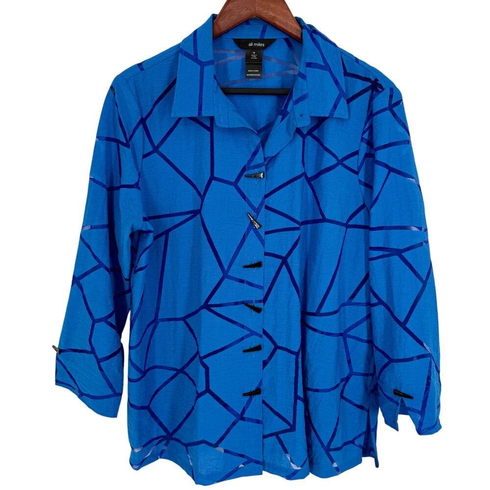 Ali Miles Sz Medium Blue Wearable Art to Wear Blouse Shirt Top Artsy Tropical